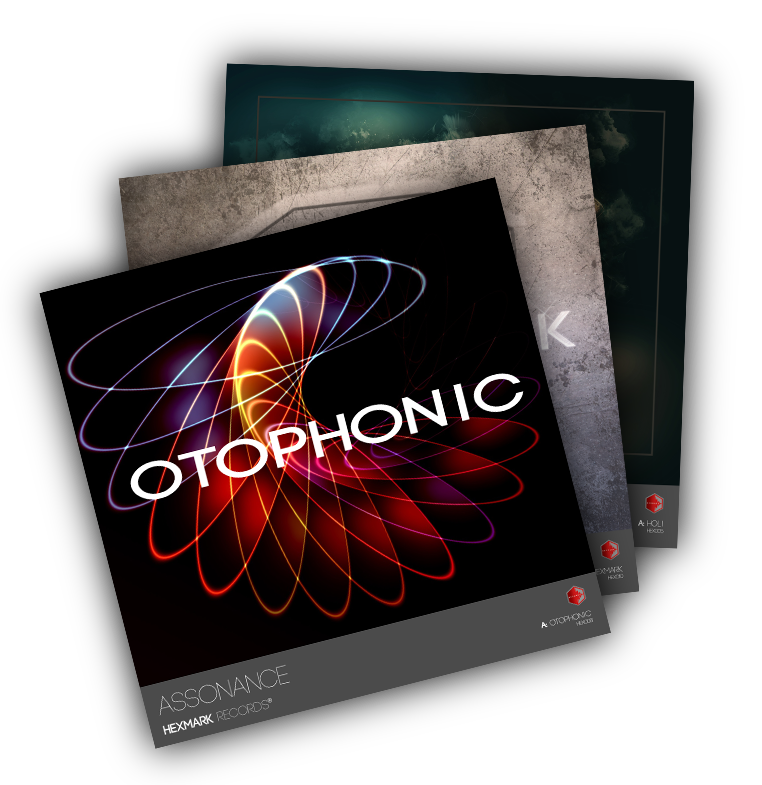 Drum and Bass release covers fanned out: Otophonic (HEX008), Hexmark (HEX010), Holi (HEX005) from Hexmark Records